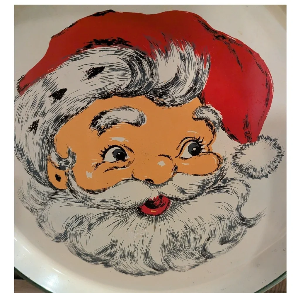Vintage 1960s Santa Claus Serving Tray Round Christmas Retro Holiday Decor Japan